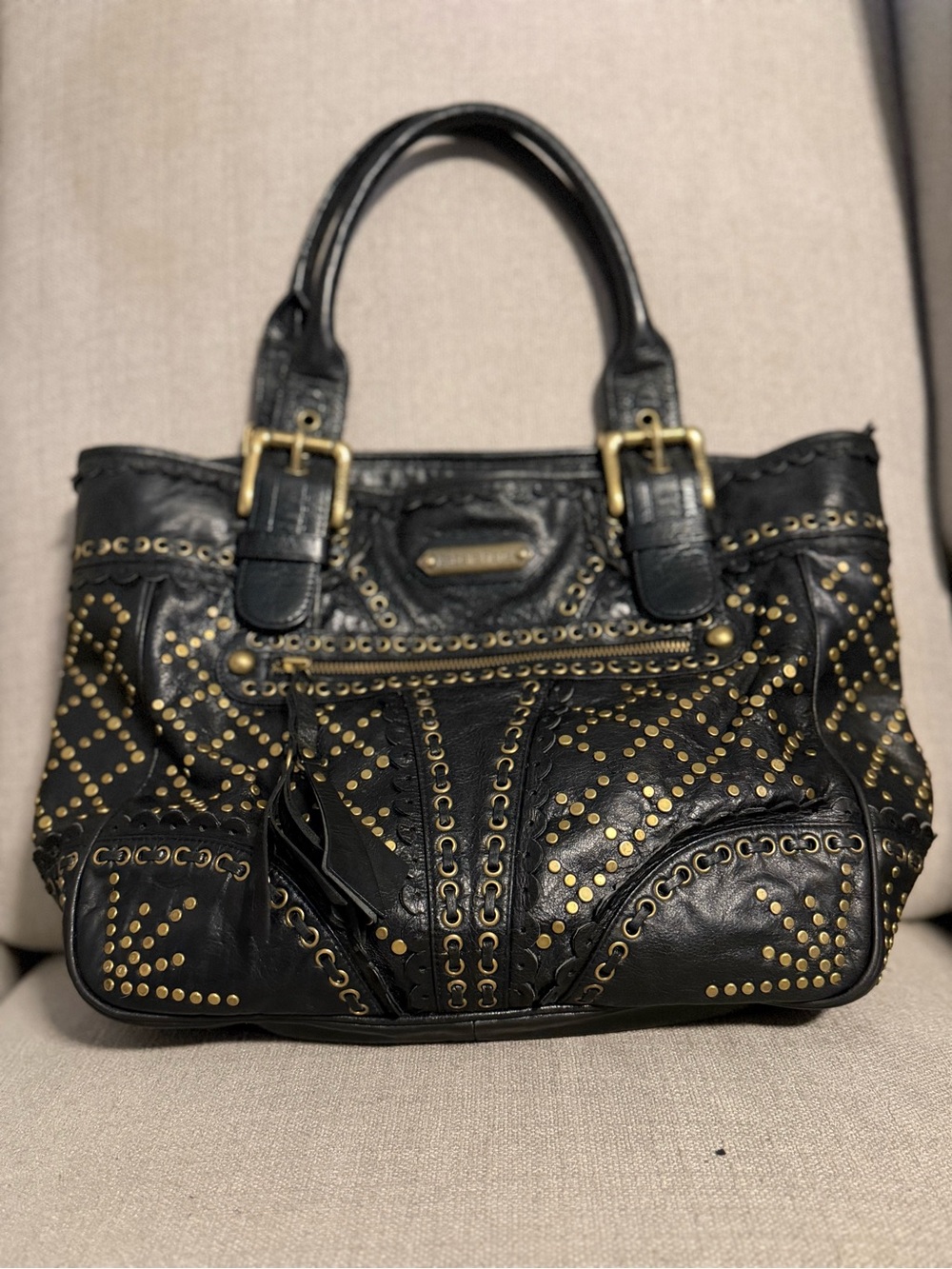 Isabella Fiore Black Leather Studded Satchel Boho Shoulder Bag Brass Hardware